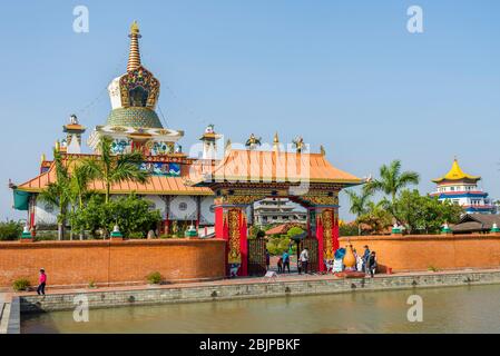 German Buddhist Temple, Lumbini Monastic Zone, Lumbini, Nepal. Lumbini is one of the worlds most Buddhist spiritual sites and the birthplace of Siddhartha Gautama, the founder of Buddhism. Lumbini Monastic Zone has a number of monasteries and temples build by Buddhist organizations from various countries, have been completed or are still under construction. Lumbini was made a World Heritage Site by UNESCO in 1997. Stock Photo