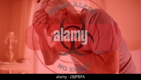 Digital illustration of a senior man holding his head and mouth over hazard sign during coronavirus Stock Photo