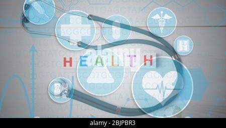 Digital illustration of medical icons over a stethoscope in background Stock Photo