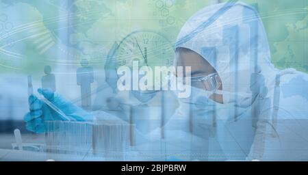 Digital illustration of a scientist wearing a face mask over a clock and a globe in background Stock Photo