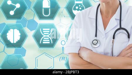Digital illustration of a doctor Over medical icons Stock Photo