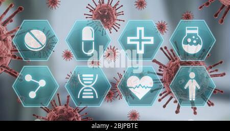 Digital illustration of medical icons over macro Coronavirus Covid-19 cells floating Stock Photo