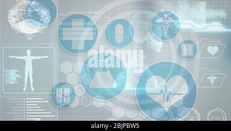 Digital illustration of medical icons over data processing showing in background Stock Photo