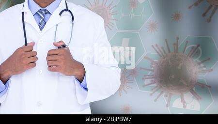 Digital illustration of doctor over macro Coronavirus Covid-19 cell Stock Photo