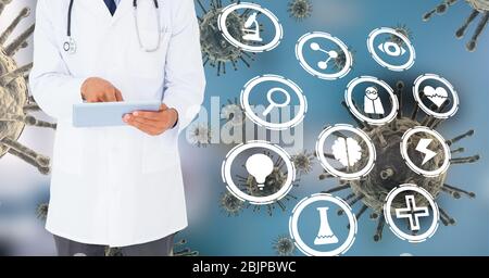 Digital illustration of a doctor using a digital tablet over medical icons and cells spreading Stock Photo