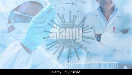 Digital illustration of a scientist wearing coronavirus covid19 mask over macro cell Stock Photo