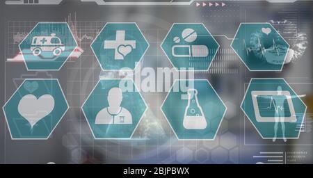 Digital illustration of medical icons over data processing Stock Photo