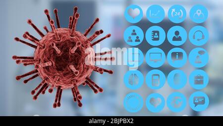Digital illustration of macro Coronavirus Covid-19 cell and social icons Stock Photo