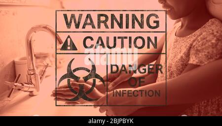 Digital illustration of warning sign with hazard sign with Warning with hand washing in backgrou Stock Photo