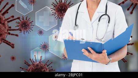 Digital illustration of a doctor over macro Coronavirus Covid-19 cells floating Stock Photo