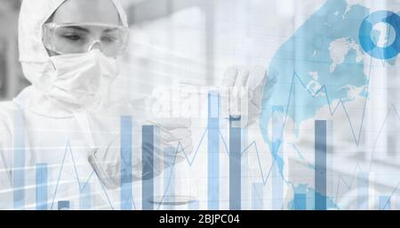 Digital illustration of a scientist wearing coronavirus covid19 mask over graphs and globe Stock Photo