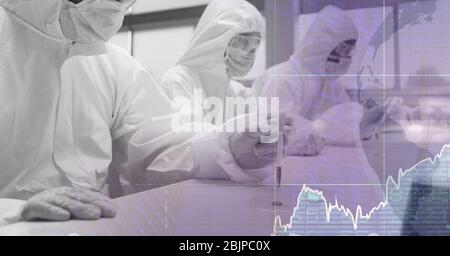 Digital illustration of three scientists wearing face masks working in a laboratory over a globe Stock Photo