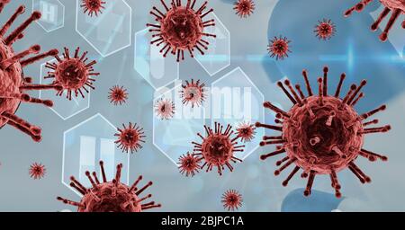 Digital illustration of macro Coronavirus Covid-19 cells floating over medical icons Stock Photo