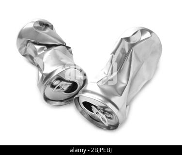 Crumpled empty cans on white background Stock Photo