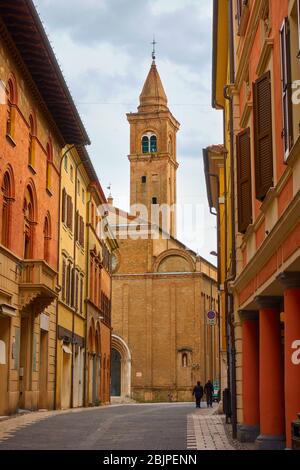 Medieval street with church in the old town of Cesena, Emilia-Romagna, Italy - Italian cityscape Stock Photo