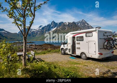 Family vacation travel RV, holiday trip in motorhome, Caravan car Vacation. Stock Photo