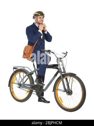 Young handsome businessman with bicycle on white background Stock Photo