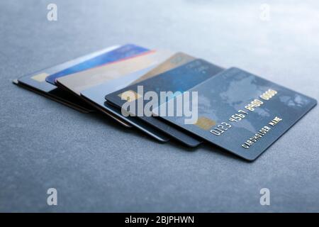 Different credit cards on table, closeup view. Space for text Stock ...