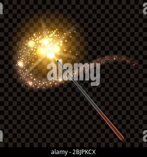 Magic wand with magical sparkle glitter trail. Isolated on transparent background. Vector illustration Stock Vector