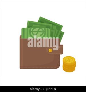 Wallet with money, dollars and coins. Cirrensy, cash, shopping, finance, money, wealth concept. Stock vector illustration isolated on white background Stock Vector