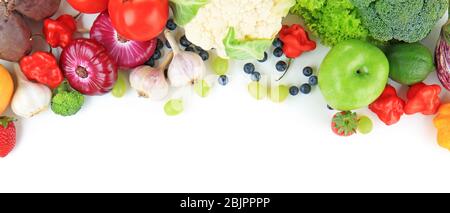 Composition of different fruits and vegetables on white background Stock Photo
