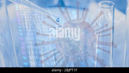 Digital illustration of macro Coronavirus Covid-19 cell over data processing Stock Photo