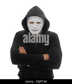 Hacker in mask on white background Stock Photo