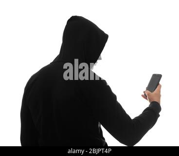 Hacker with phone on white background Stock Photo