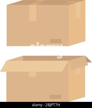Brown cardboard box opened and closed. Delivery, transportation, post concept. Stock vector illustration isolated on white background in flat cartoon Stock Vector