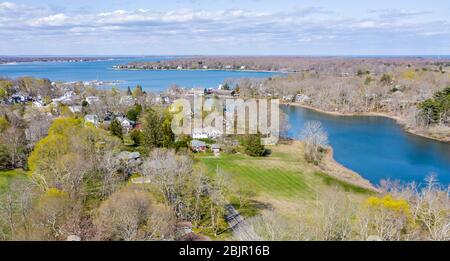 Drone image of Shelter Island Heights and Dering Harbor in the distance, Shelter Island, NY Stock Photo