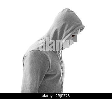 Hacker in mask on white background Stock Photo