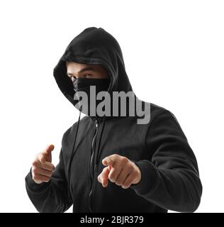Hacker in mask white background Stock Photo
