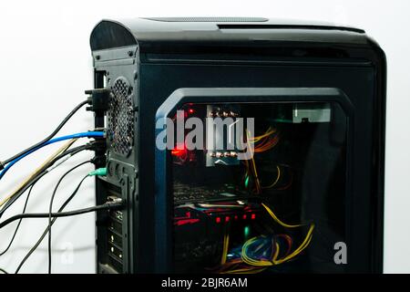 Modern computer CPU with cooling Fan,Modern system, processor, graphics card, motherboard etc with clolorful lights. Stock Photo