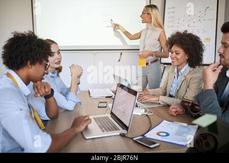 business presentation in modern conference room. teamwork, communication, planning concept Stock Photo