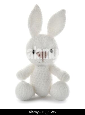Cute knitted toy bunny on white background Stock Photo