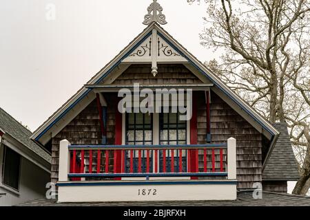 19th century Gingerbread Cottages at Oak Bluffs Campground in Martha's Vineyard, Massachusetts. Stock Photo