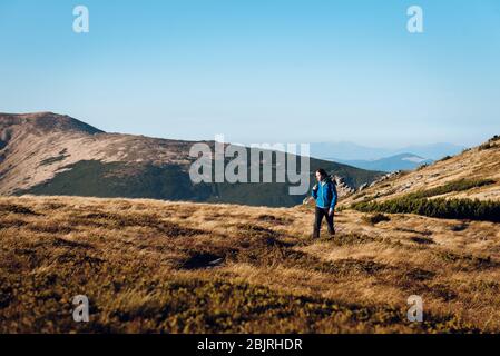 A woman in a blue jacket with a backpack walks the trail at the top of the mountain. Mountain hike in the Carpathians, sunny spring day. Hiking