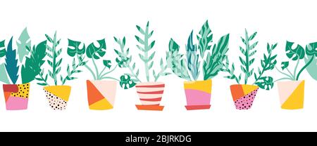 Seamless vector border colorful plant pots. Repeating pattern with potted indoor plants. Design for fabric trim, ribbon, card decor, duct tape, footer Stock Vector