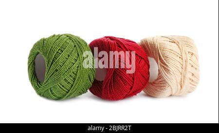 Set of color threads for crocheting on white background Stock Photo