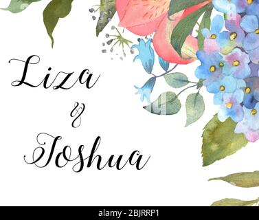 Wedding floral background with a blooming blue hydrangea and leaves. Hand drawn in watercolor. Excellent use for invitations, prints, greetings Stock Vector
