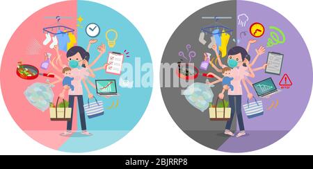 A set of Medical staff women wearing N95mask who perform multitasking in offices and private.There are things to do smoothly and a pattern that is in Stock Vector