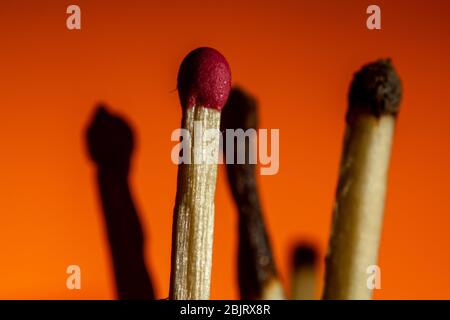 match with a red head back burned matches on a Lush Lava background. close up copy space Stock Photo