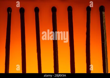 silhouette of seven matches with a red head in a row on a Lush Lava background. close up copy space Stock Photo