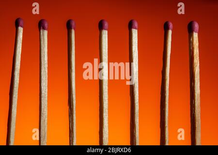 seven matches with a red head in a row on a Lush Lava background. close up copy space Stock Photo
