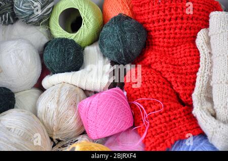 Yarn for knitting. Colored balls of yarn. View from above. Skeins of yarn. Homework Stock Photo