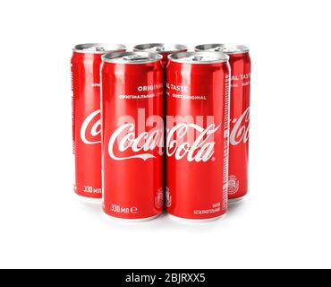 KYIV, UKRAINE - NOVEMBER 13, 2017: Cans of Coca-Cola on white background Stock Photo