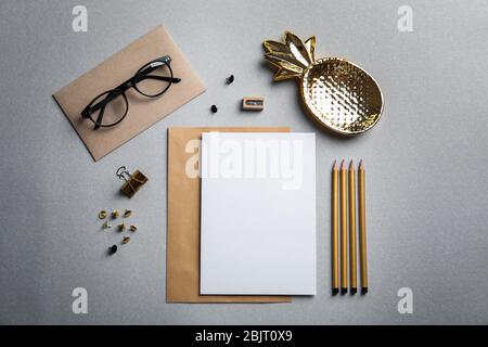 Blank items as mockups for branding on grey background Stock Photo