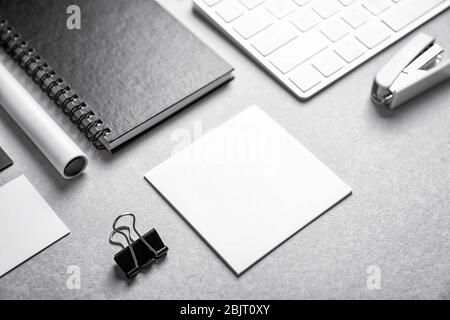 Blank items as mockups for branding on grey background Stock Photo