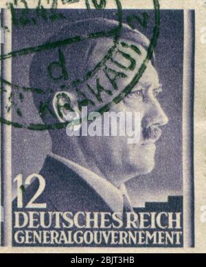 GERMANY - CIRCA 1942: A stamp printed in Germany shows portrait of Adolf Hitler Stock Photo