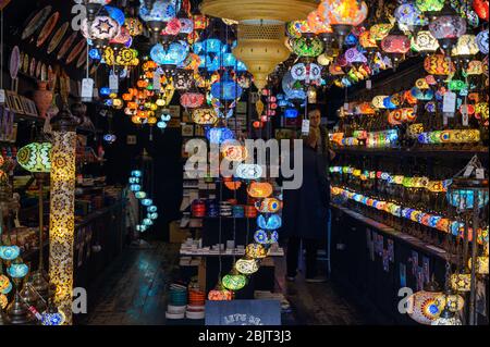 LONDON - SEPTEMBER 30, 2019: Close up of hanging lights for sale at a lighting shop in Camden Lock Markets Stock Photo